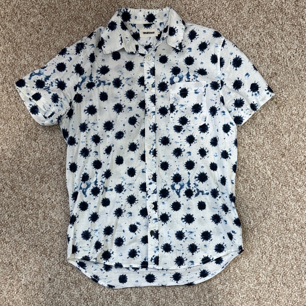 Taylor Stitch Men’s Casual Button-Down White and Navy Pattern Shirt Size S38